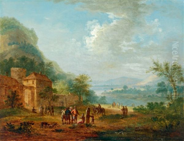 Bewaldete Landschaft Mit Figuren Vor Einem Ummauerten Ansitz Oil Painting by Georg Heinrick Hergenroder