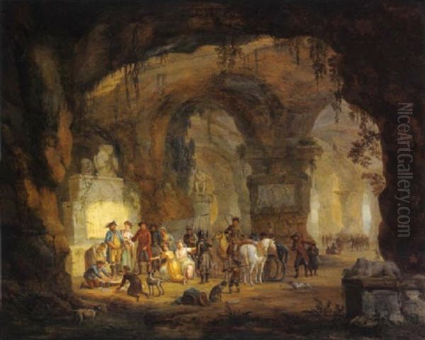 Im Innern Einer Felsenhohle Mit Antiken Monumenten Bewachen Soldaten Zwei Frauen Und Zwei Manner Oil Painting by Georg Heinrick Hergenroder