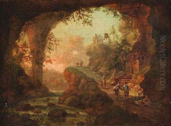 Blick Aus Einer Grotte Auf Ein Felsmassiv Oil Painting by Georg Heinrick Hergenroder