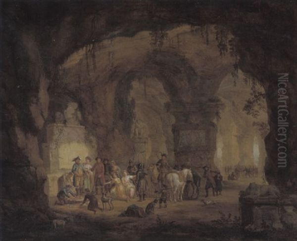 Zwei Junge Frauen Und Ein Mann Werden In Einer Felsgrotte Mit Steinernen Monumenten Einem Offizier Vorgefuhrt Oil Painting by Georg Heinrick Hergenroder