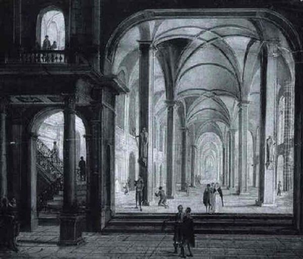 The Interior Of A Cathedral With Elegant Figures Gathered In The Nave Oil Painting by Georg Heinrick Hergenroder