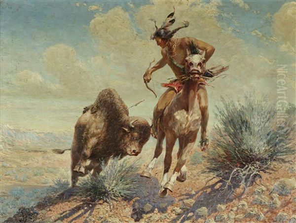 Indian Hunting Buffalo Oil Painting by Herbert M. Herget