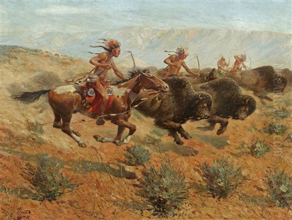 Indians Shooting Buffalo Oil Painting by Herbert M. Herget