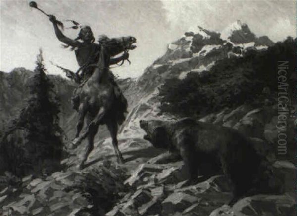 A Crow's Encounter With A Grizzly Oil Painting by Herbert M. Herget