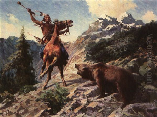 A Crow's Encounter With A Grizzly Oil Painting by Herbert M. Herget