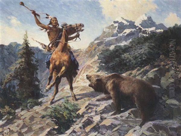 A Crow's Encounter With A Grizzly Oil Painting by Herbert M. Herget