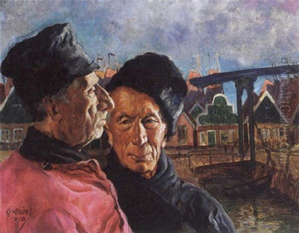 Fishermen In The Harbour Of Volendam Oil Painting by Georg Hering