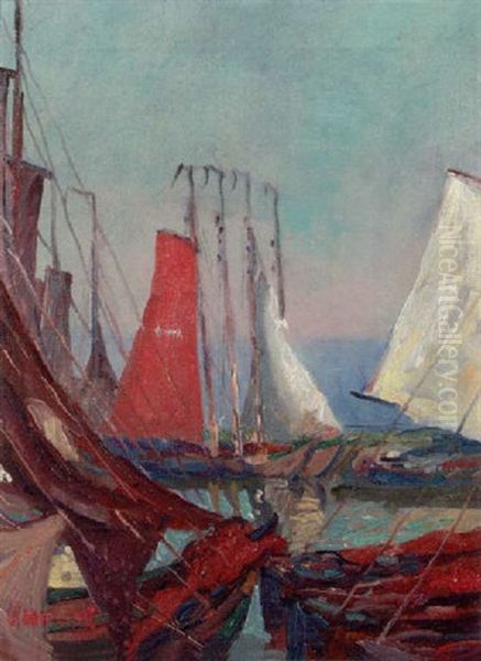 Boats In The Harbour Of Volendam Oil Painting by Georg Hering