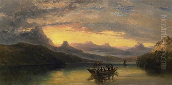 Die Uberfahrt. Landvolk Im Ruderboot, Einen Gebirgssee Uberquerend Oil Painting by George Edwards Hering