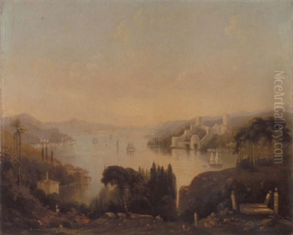 View Of The Fortress Of Rumeli Hisari On The Bosphorus From Anadolu Hisari Hill Oil Painting by George Edwards Hering