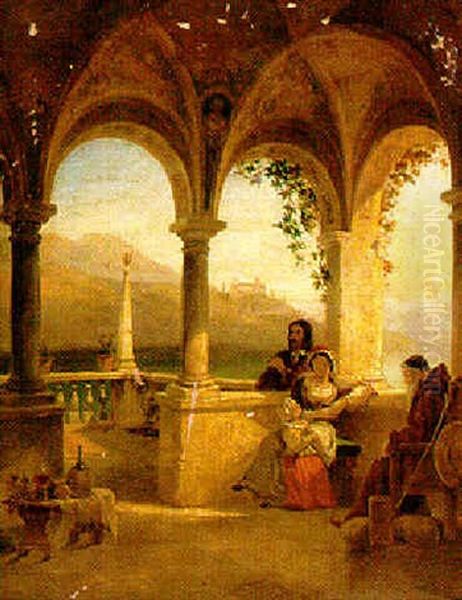 Figures Seated On A Covered Balcony On The Italian Mediterranean Oil Painting by George Edwards Hering