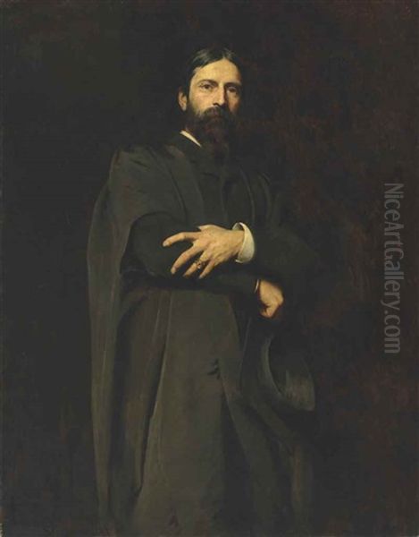 Sir Hubert Von Herkomer, R.a., Three-quarter-length, Standing, Wearing The Slade Professor's Gown And Holding A Mortar-board by Herman Gustave Herkomer