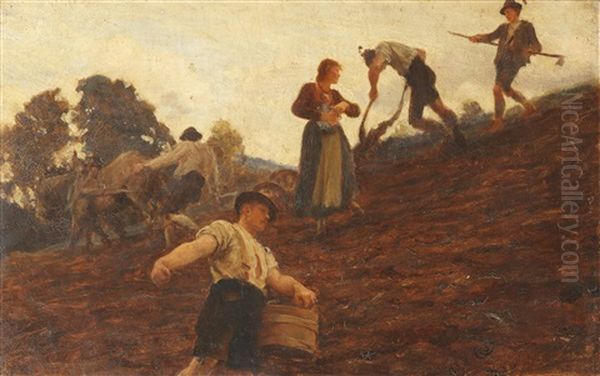 Farm Workers Tilling And Sowing A Hillside Oil Painting by Sir Hubert von Herkomer