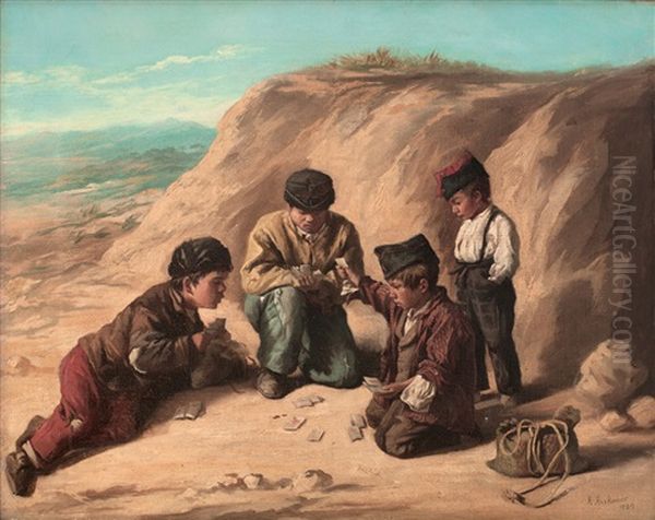 Ninos Jugando A Las Cartas Oil Painting by Sir Hubert von Herkomer