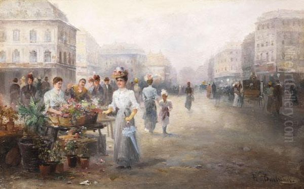 Marche Aux Fleures, Bruxelles (blumenmarkt In Brussel) Oil Painting by Emil Barbarini