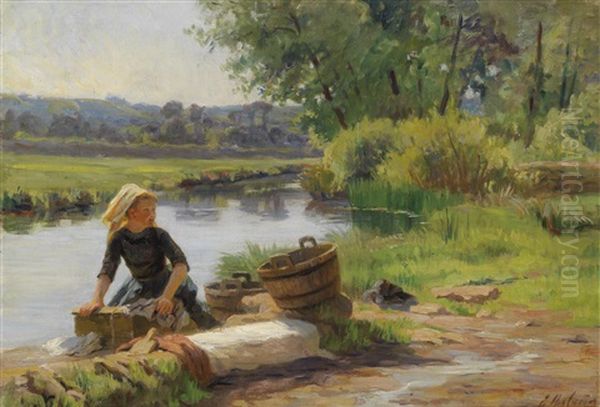 Wascherin Am Fluss Oil Painting by Emma Herland