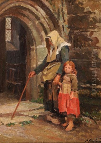 Fillette Et Sa Grand-mere Devant Le Porche Oil Painting by Emma Herland