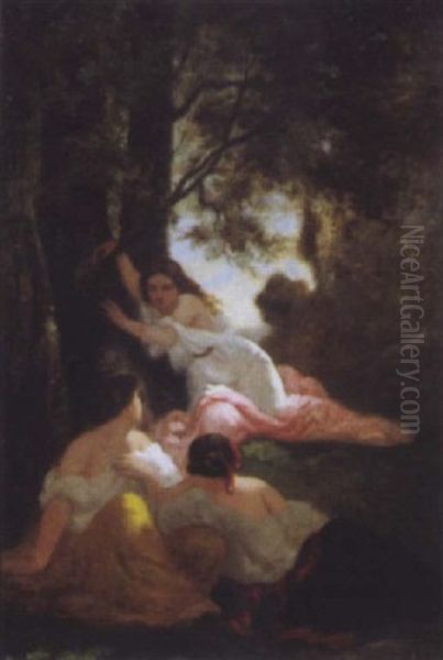 Trois Jeunes Femmes Dans Un Sous-bois Oil Painting by Auguste-Joseph Herlin