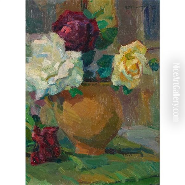 Nature Morte Aux Roses Oil Painting by Jacques Elie Abraham Hermanjat