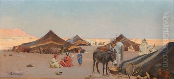 Wustenlandschaft Mit Beduinenzelten, Kamelen, Pferden Und Maultier Oil Painting by Jacques Elie Abraham Hermanjat