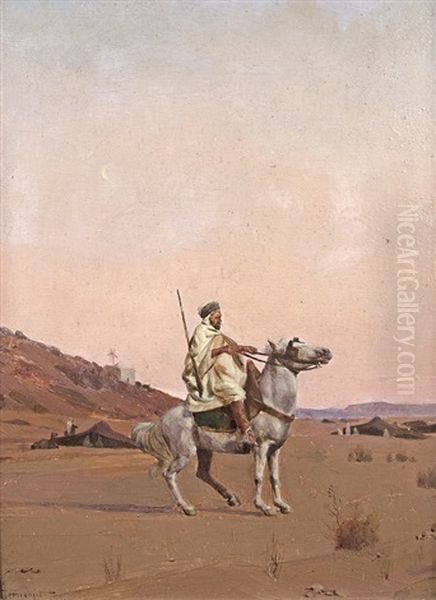 Arab On Horseback Oil Painting by Jacques Elie Abraham Hermanjat