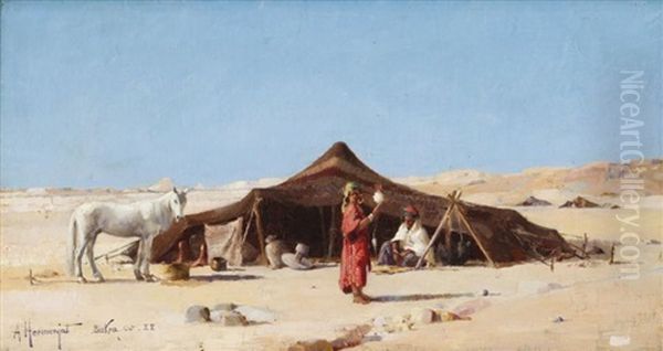 Campement A Biskra Oil Painting by Jacques Elie Abraham Hermanjat