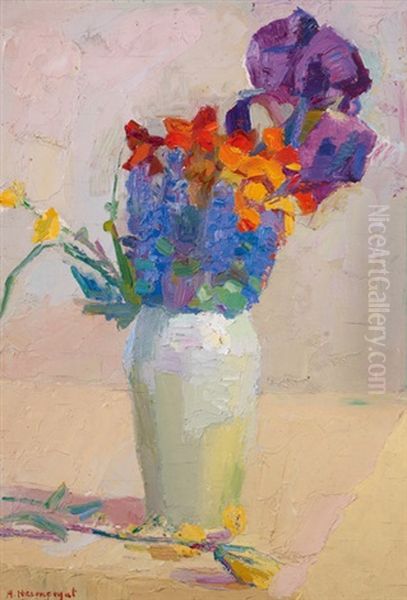 Bouquet Avec Un Iris Oil Painting by Jacques Elie Abraham Hermanjat