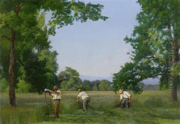 Trois Hommes Foisonnant Oil Painting by Jacques Elie Abraham Hermanjat