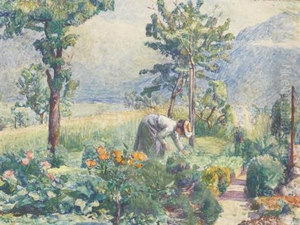 Gartenansicht Mit Einer Dame In Chexbres Oil Painting by Jacques Elie Abraham Hermanjat