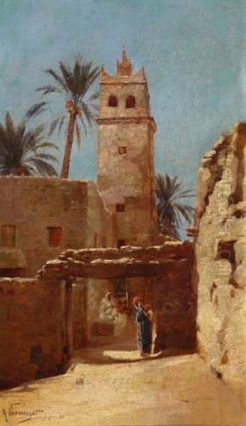 Paysage Orientaliste Anime Oil Painting by Jacques Elie Abraham Hermanjat