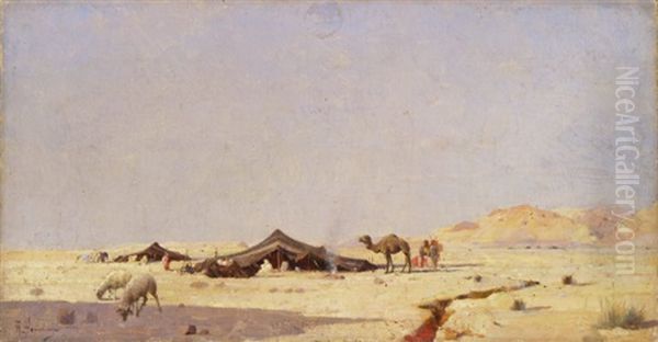 Beduinen In Zelten Mit Kamel Und Schafen In Der Wuste Oil Painting by Jacques Elie Abraham Hermanjat