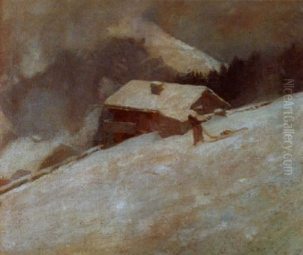 Winterliche Landschaft Mit Bauernhaus Und Frau Oil Painting by Jacques Elie Abraham Hermanjat