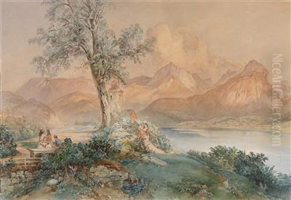 An Austrian Mountain Lake With A Peninsula And A Small Church Oil Painting by Franz Barbarini