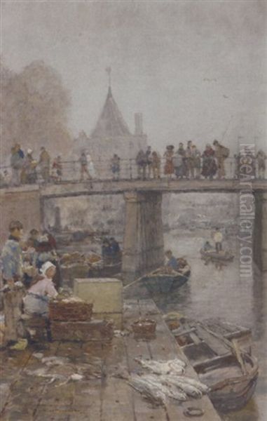 Fischmarkt In Amsterdam: A Fish Market Near The Schreierstoren Oil Painting by Hans Hermann