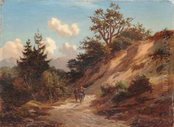 Sudliche Gebirgslandschaft Mit Eselsreiterin Und Bauer Im Sandigen Hohlweg Oil Painting by Heinrich Hermann