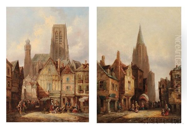 Two Village Square Scenes Oil Painting by Heinrich Hermann