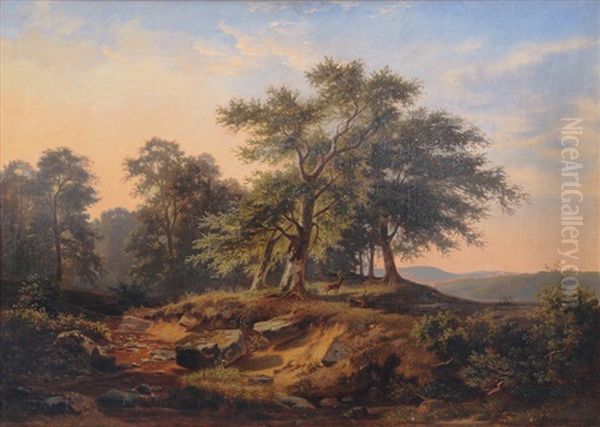 Lanscapes With Deers Oil Painting by Heinrich Hermann