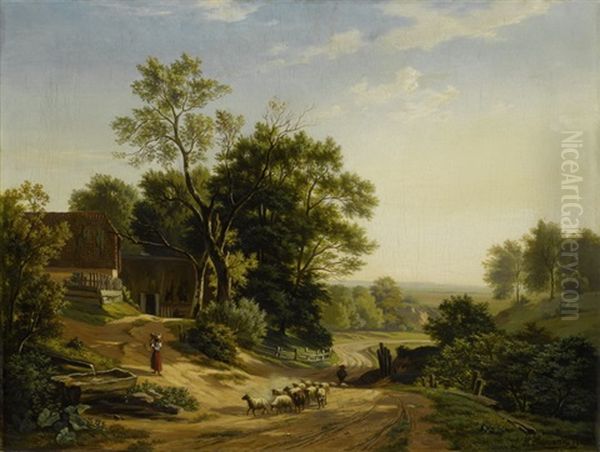 Sudliche Landschaft Mit Hirte Und Schafen Oil Painting by Heinrich Hermann