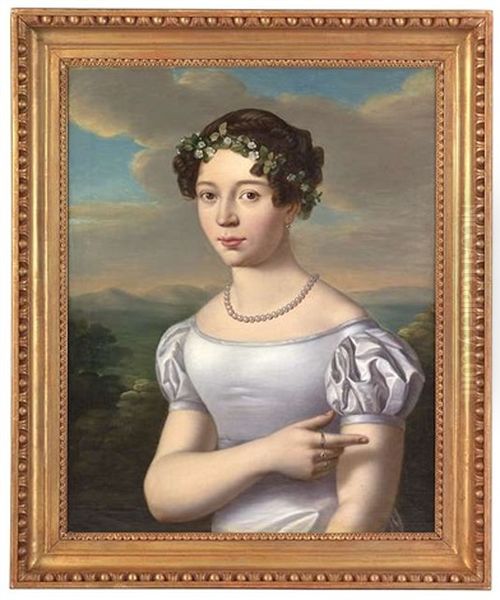 Bildnis Eines Madchens In Weisem Kleid Und Mit Einem Blutenkranz Im Haar Als Halbfigur Vor Landschaftshintergrund Oil Painting by Jakob (Johann) Hermann