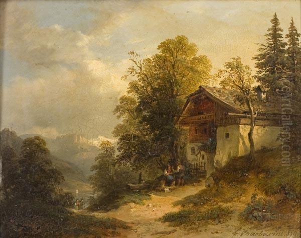 Paesaggio Montano Con Viandanti Presso Una Baita Oil Painting by Franz Barbarini