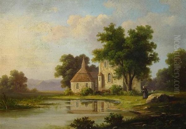 Blick Auf Eine Romanische Abtei An Stillem Gewasser. Im Hintergrund Ein Mittelgebirgszug Oil Painting by Johann Heinrich Hermann