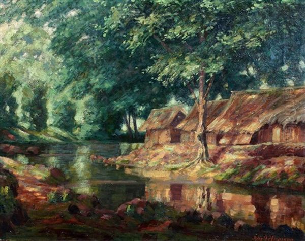 Rieten Hutten Bij Een Rivier In Het Oerwoud, Mogelijk In Voormalig Nederlands-indie Oil Painting by John A. Hermann