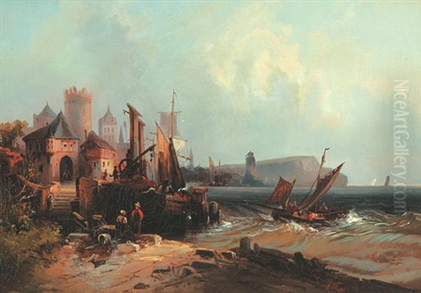 Fischerboote Bei Einem Kustenstadtchen, Im Hintergrund Ein Leuchtturm Vor Einer Klippe - Gewitterstimmung Uber Felsiger Kuste Mit Fischerbooten Oil Painting by Ludwig Hermann