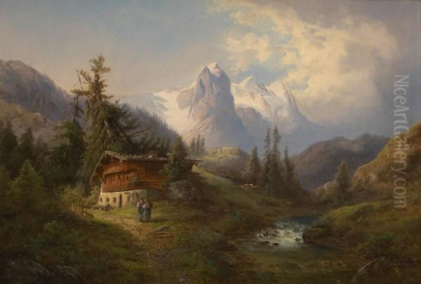 Le Chalet Sur Fond De Glacier Montagneux Oil Painting by Gustav Barbarini