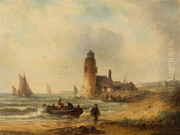 Fischerboote Oil Painting by Ludwig Hermann