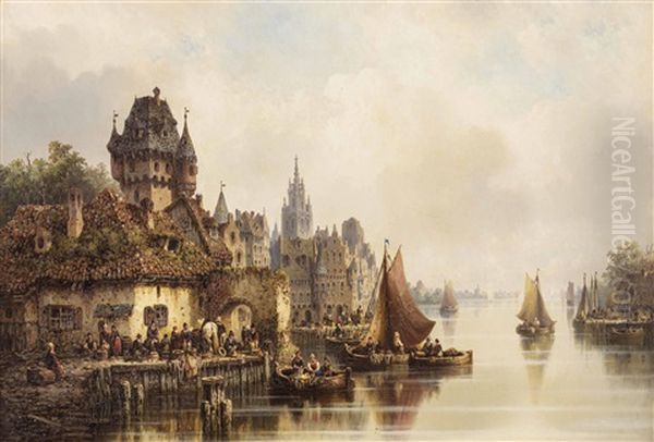 Belebter Flusskai An Einer Mittelalterlichen Deutschen Stadt Oil Painting by Ludwig Hermann