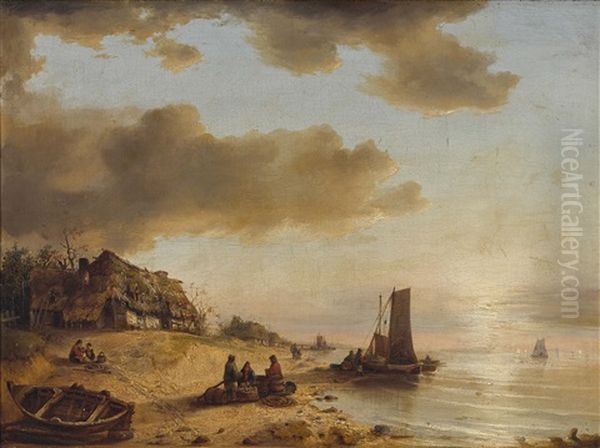 Fischer Am Strand Oil Painting by Ludwig Hermann