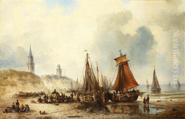 Fishing Boats Unloading On The Shore Oil Painting by Ludwig Hermann