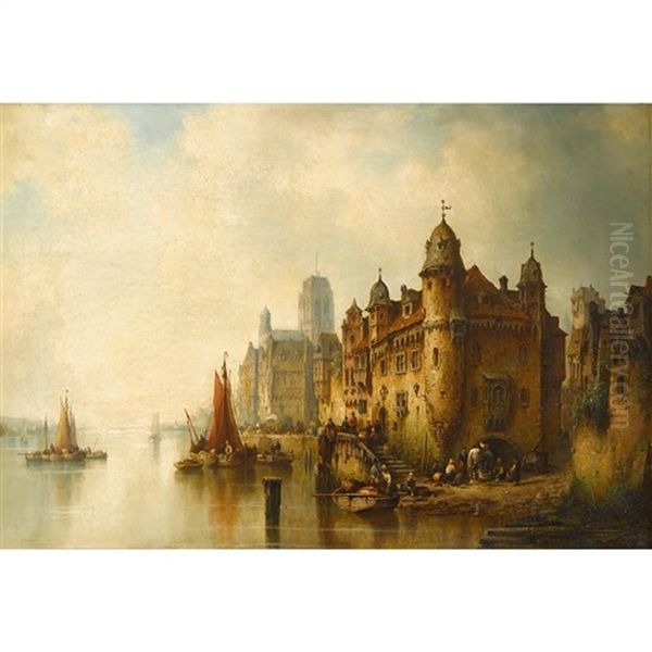 Town Along The Rhine Oil Painting by Ludwig Hermann