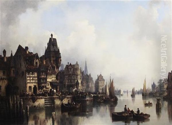 Continental River Town With Figures, Rowing Boats And Barges Oil Painting by Ludwig Hermann